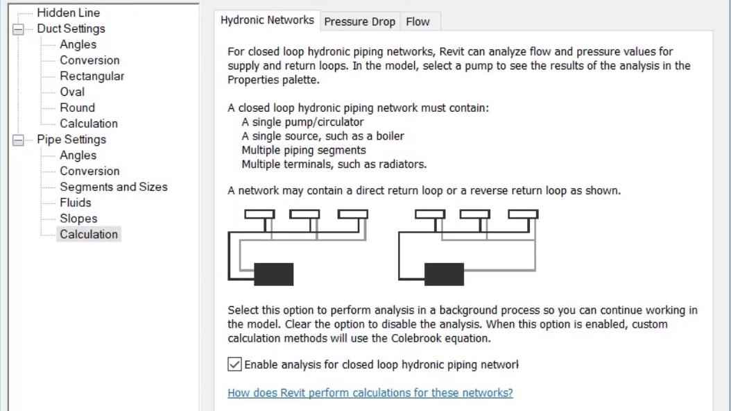 In the Mechanical Settings dialog box, Calculation is selected under Pipe Settings, with the information on the Hydronics Networks tab displayed.
