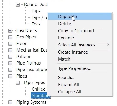 In the Project Browser, Pipes and Pipe Types is expanded, and in the context menu for the Standard pipe type, Duplicate is selected.