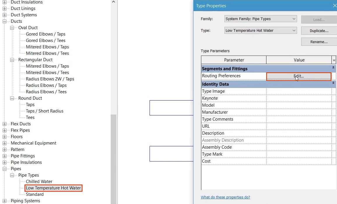 In the Project Browser, the new pipe type is highlighted in red, and in the Type Properties dialog box, Edit is selected and highlighted in red.