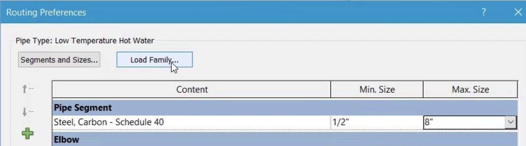 In the Routing Preferences dialog box, Pipe Segment settings is configured for this example, and Load Family is selected.