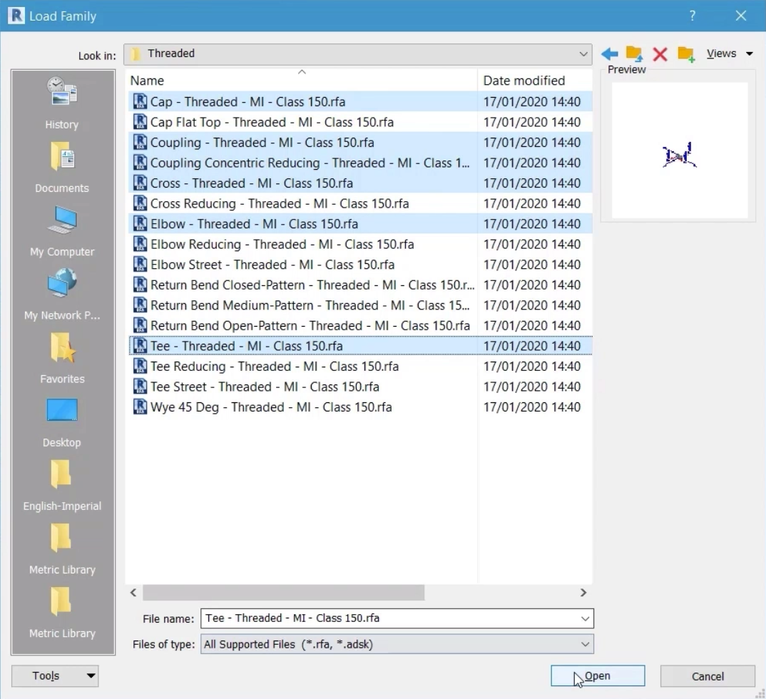 In the Load Family dialog box, in the Threaded folder, the various fittings are selected for this example, and Open is being clicked.