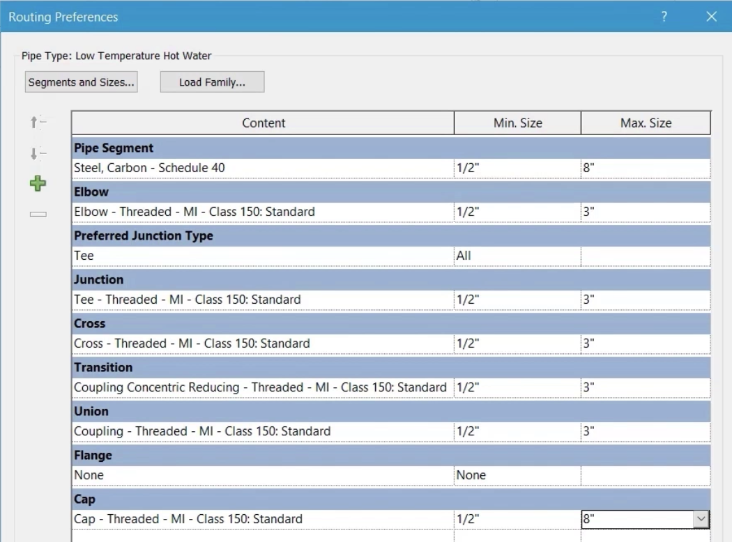 In the Routing Preferences dialog box, the fitting types and sizes edited for this example.