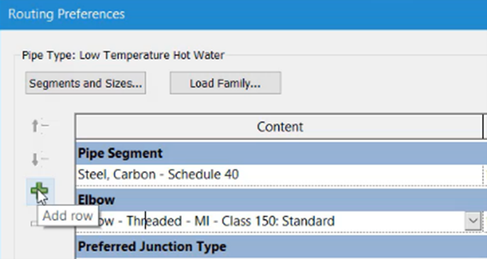 The top-left of the Routing Preferences dialog box, with the cursor active under Elbow and the Add row button being clicked to add a second row for elbow fittings.