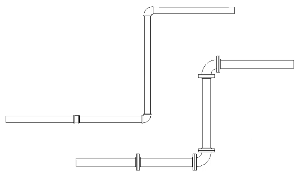 Side-by-side runs of pipe drawn using the new pipe type, one at 3" or less and the other at 3-1/2" or above, each with an added break to show the different fittings used.