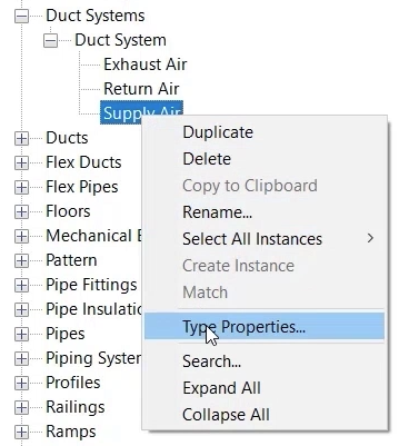 In the Project Browser, under Duct System, the context menu for Supply Air is open, with Type Properties selected.