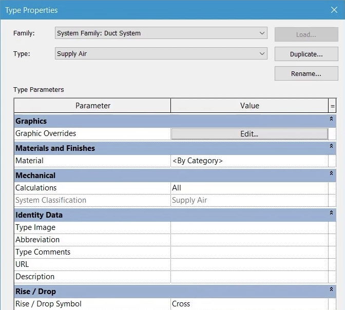 The Type Properties dialog box for the Supply Air duct system.