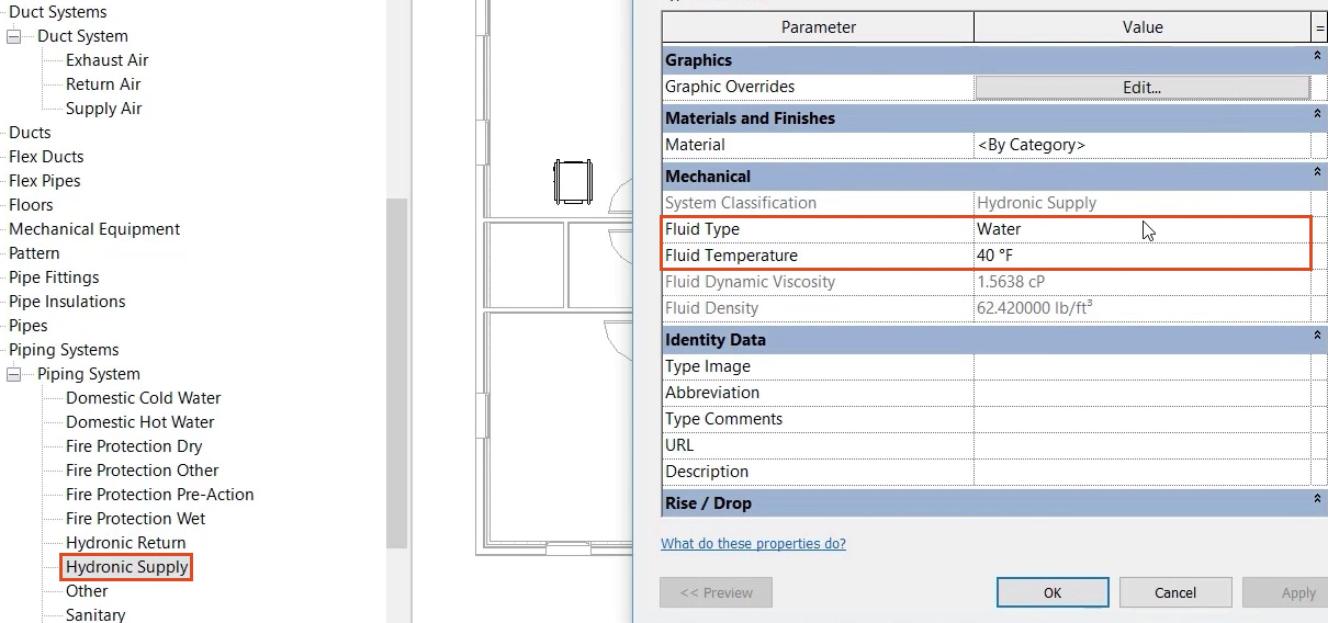 The Type Properties dialog box for the Hydronic Supply system, with the Fluid Type and Fluid Temperature settings highlighted in red.