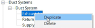 In the Project Browser, under Duct System, the context menu for Exhaust Air, with Duplicate being selected.
