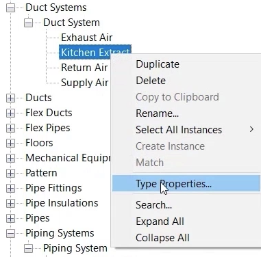In the Project Browser, under Duct System, the context menu for the new Kitchen Extract system, with Type Properties being selected.