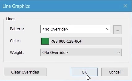 The Line Graphics dialog box, with the Color changed to a different shade of green, and OK being selected.