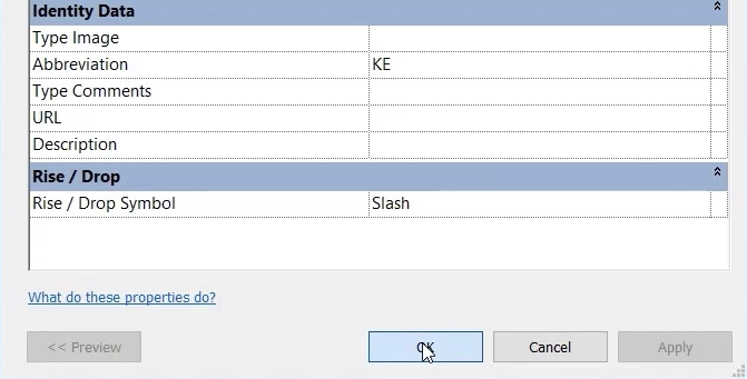 The Type Properties dialog box for the Kitchen Extract duct system, with an Abbreviation of KE entered.