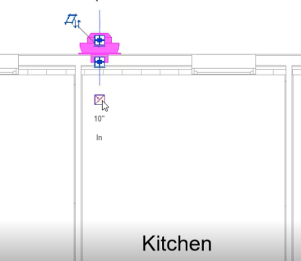 In the floor plan for this example, the centrifugal fan is highlighted as selected in the kitchen, with the Create Duct icon selected.