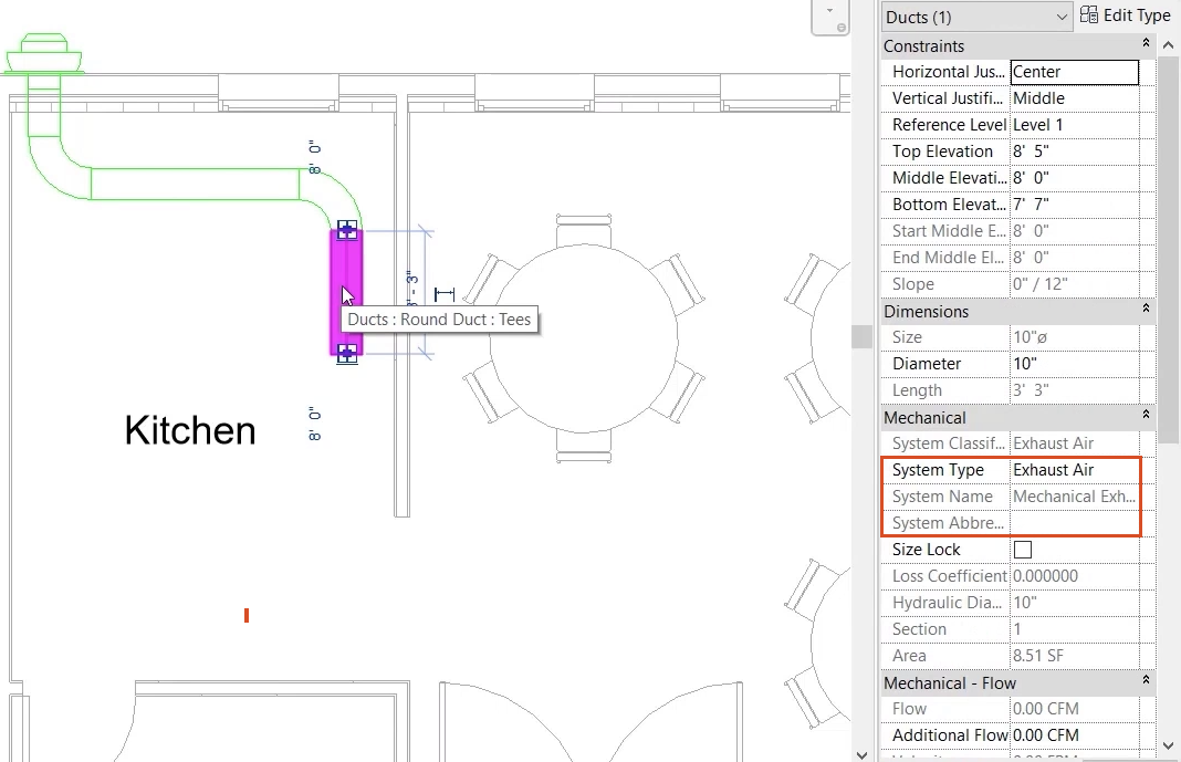In the floor plan, a section of duct is selected, and in Properties, the system type, name and abbreviation are highlighted in red.