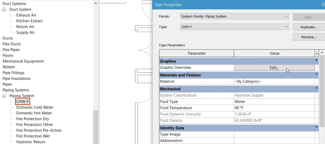 In the Project Browser, the new piping system is highlighted in red, and in the Type Properties dialog box, Edit is selected.