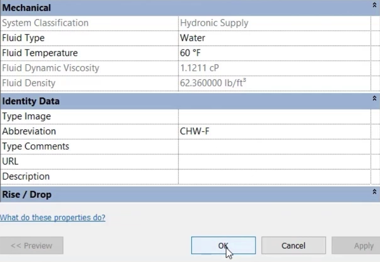 The Type Properties dialog box, with the settings configured for this example, and OK being selected.