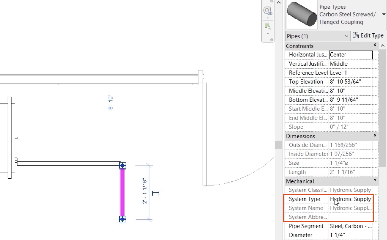 In the floor plan to the left, a section of duct is selected, and in Properties to the right, the System Type, System Name, and System Abbreviation are highlighted in red.