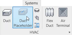 On the ribbon, Systems tab, HVAC panel, Duct Placeholder is being selected.