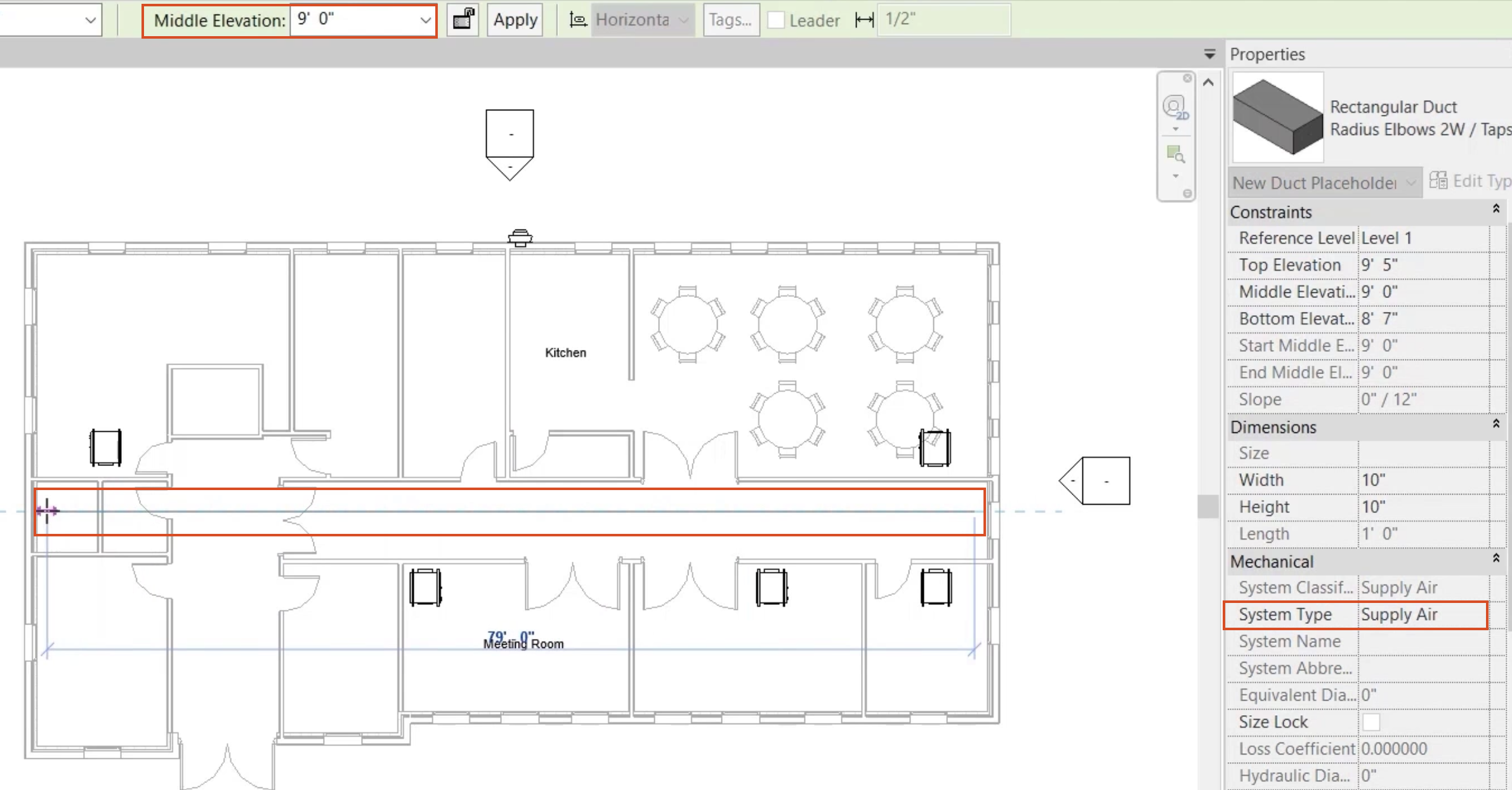 The duct placeholder drawn across the building in the floor plan view on the left. In Properties, the System Type is set to Supply Air, and the Middle Elevation is set to 9 feet in the Options Bar.