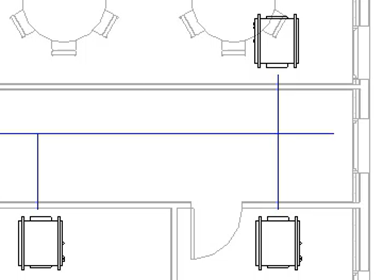 In the floor plan, duct placeholders, shown as blue lines, are drawn from the main run out to each of the fan coil units.