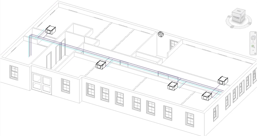In the default 3D view, from a top, front, right view, the finished duct and pipe placeholder, CHW-F, and CHW-R pipe layouts are shown in blue, blue, and aqua, respectively.