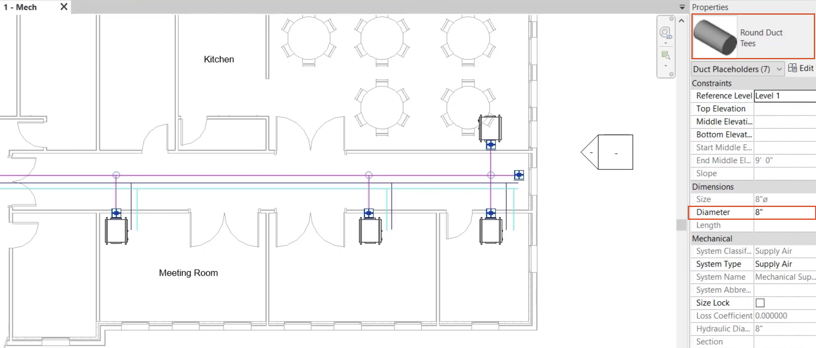 In the floor plan for this example, the supply air network is selected, and in Properties, the selected duct type and the changed Diameter are highlighted in red.