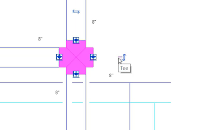 In a zoomed-in view of the floor plan showing the area of interest, the excess duct has been removed from the right end, and the cross fitting has been converted to a tee.