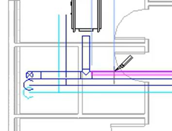 A zoomed-in view of the ducts, with the Split Element tool being used to create a split in the duct.