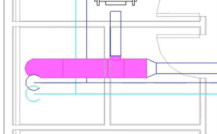 A view of the duct at the riser end, which is highlighted, with the diameter set to 14".