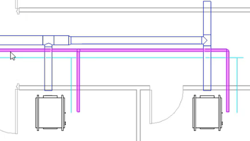 A view of the edited pipe network selected, with the elevation set for this example.
