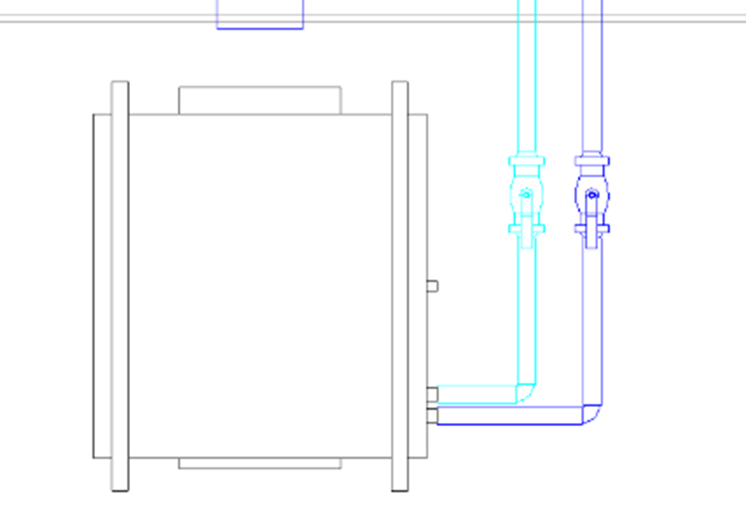 The chilled water flow (supply) and return pipes with added ball valves.