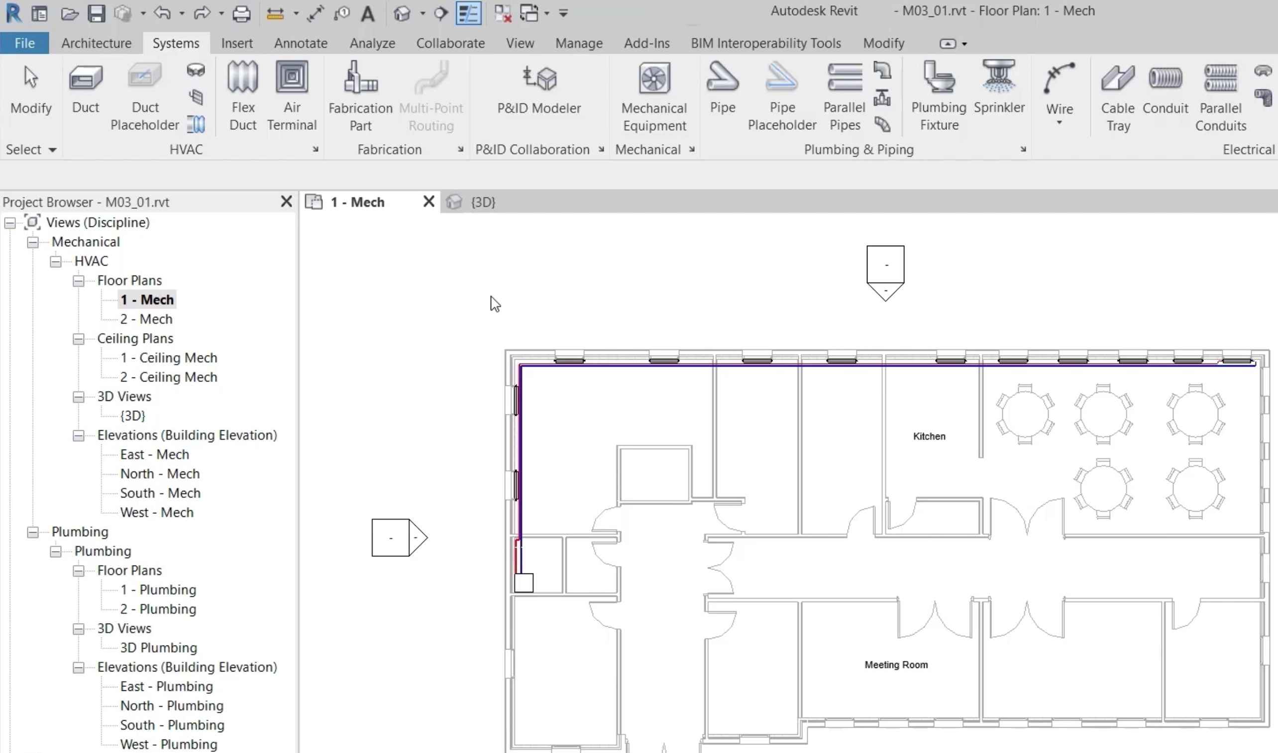 The Revit interface, with the project for this example open to the 1 – Mech floor plan view.