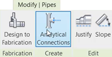 On the Modify|Pipes contextual tab of the ribbon, Analytical Connections is being selected.