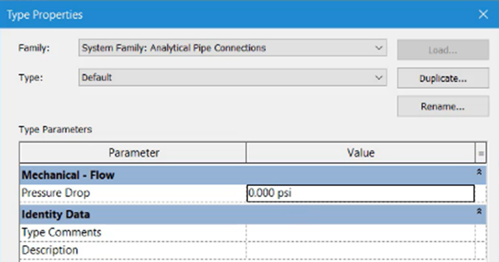 The Type Properties dialog for the analytical pipe connection, showing a Pressure Drop of 0 psi.