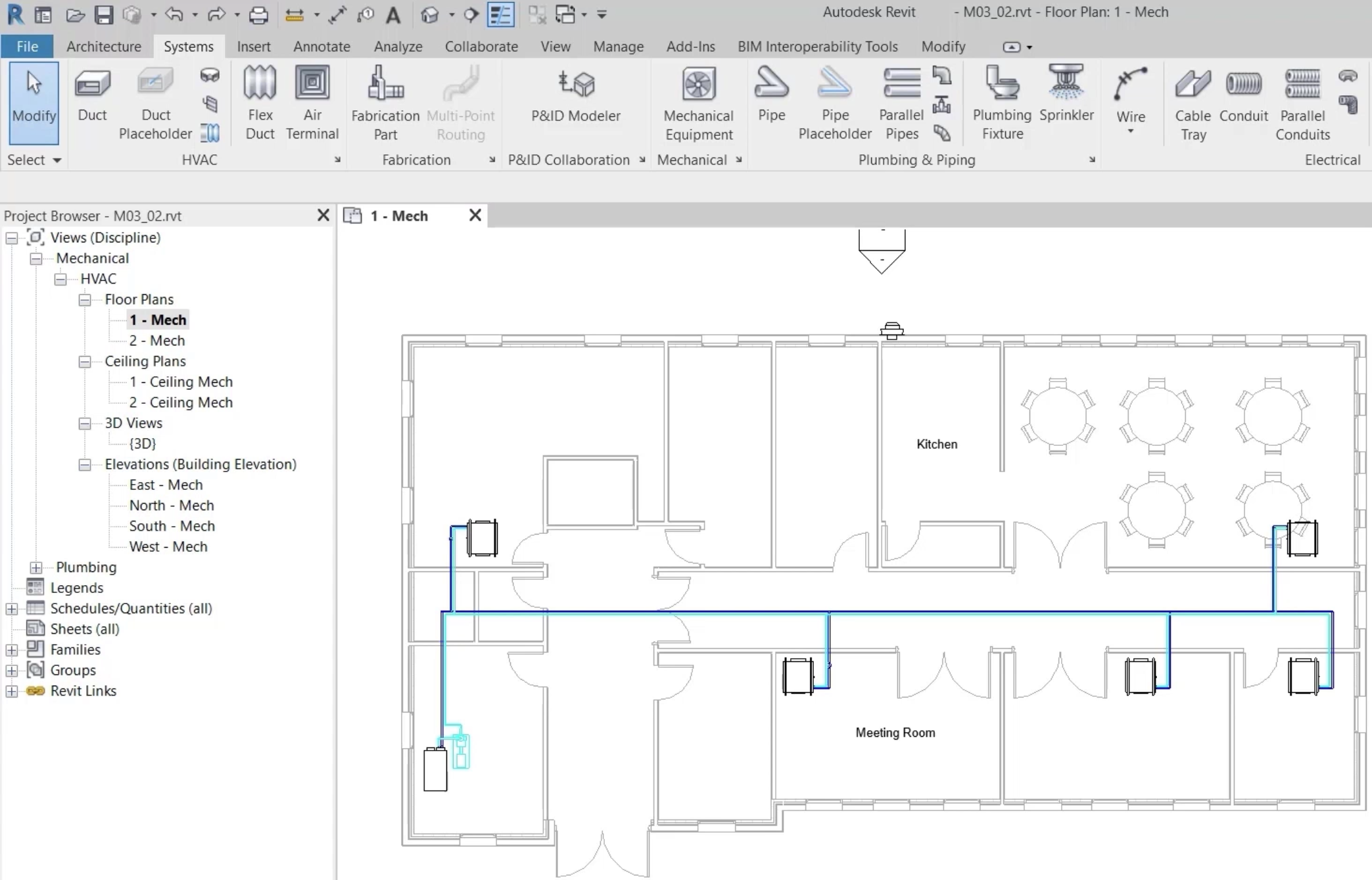 The Revit interface, with the project for this example open to the 1 – Mech floor plan view.
