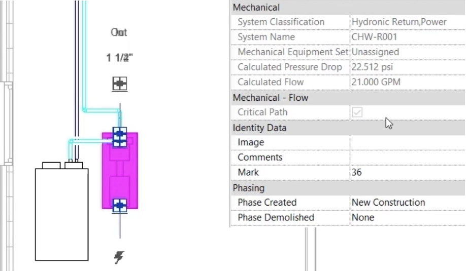 A view of the selected pump next to the chiller in the model, with the mechanical properties displayed to the right.