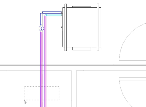 The flow and return pipes selected and highlighted in magenta.