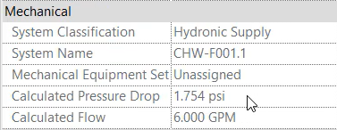 In the Mechanical properties, the calculated values for flow and pressure drop at the inline pump after changing the Chilled Water Flow rate to 6 GPM.
