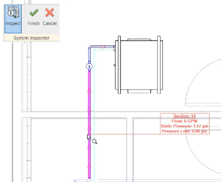 The System Inspector, shown at the top left, being used to verify the direction of flow in the model view, with Flow, Static Pressure, and Pressure Loss values displayed for the selected section of pipe.