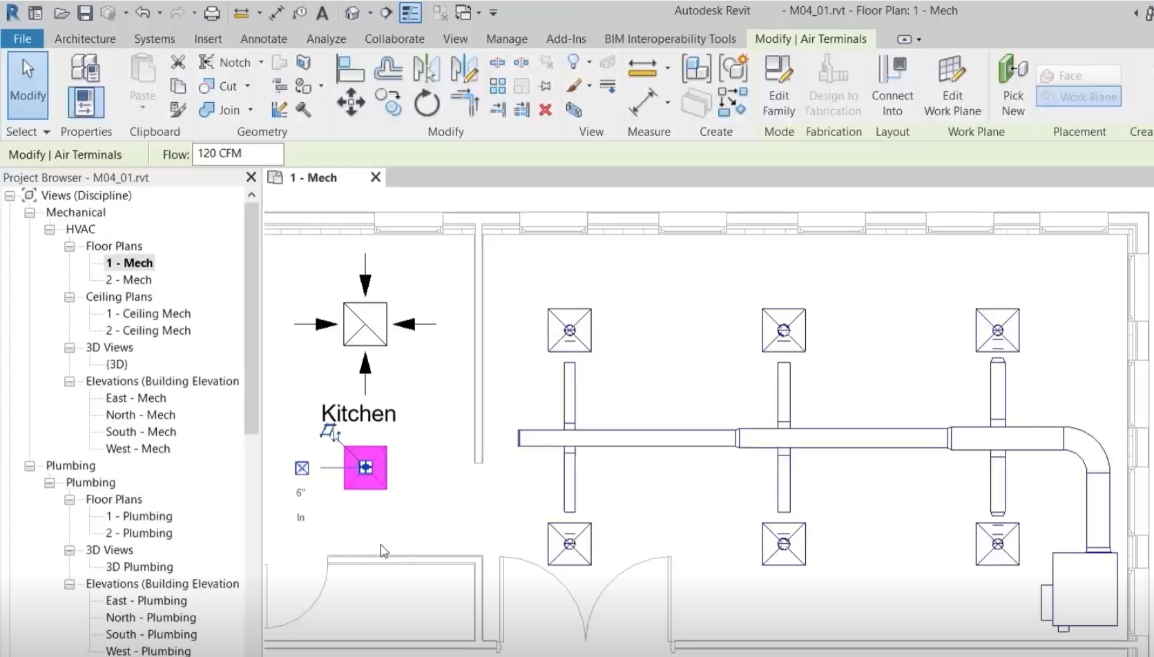 The Revit interface, with the project for this example open to the 1 – Mech floor plan view, where one of the air terminals in the kitchen is highlighted as selected.