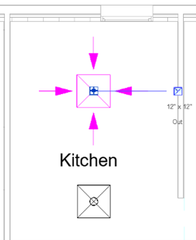 In a zoomed-in view of the floor plan view, the second air terminal is selected in the kitchen.
