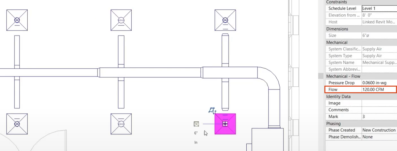 In the floor plan view on the left, one of six air terminals in the completed system selected, and in Properties on the right, a Flow value of 120 CFM is highlighted in red.