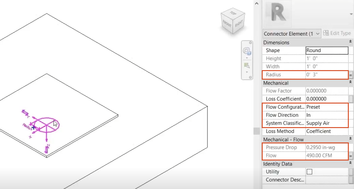 On the left, in the Family Editor, the connector is selected in the air terminal family, and in Properties on the right, the relevant parameters are highlighted in red.
