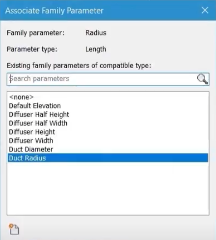 The Associate Family Parameter dialog box, showing the Radius parameter associated with the Duct Radius parameter.