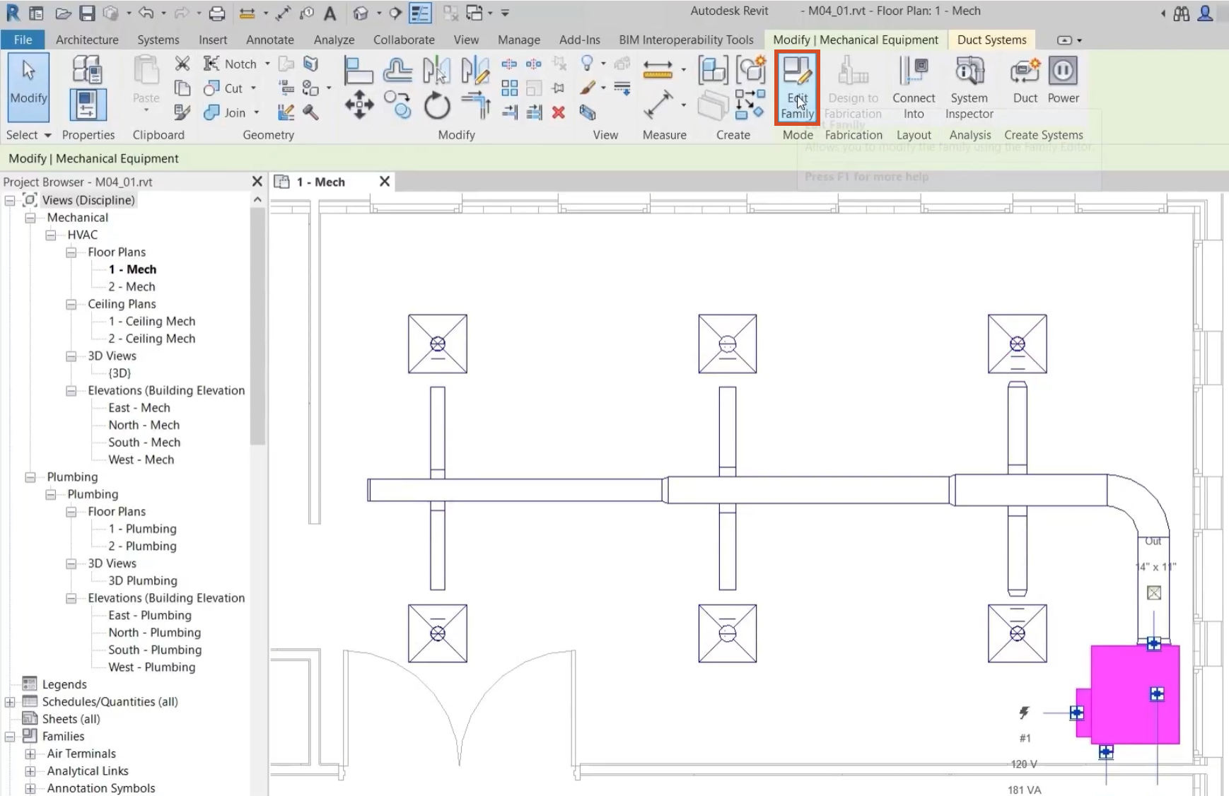 The Revit interface, with the project for this example open to the 1 – Mech floor plan view, where the VAV unit is selected. On the ribbon, Edit Family is highlighted for selection.