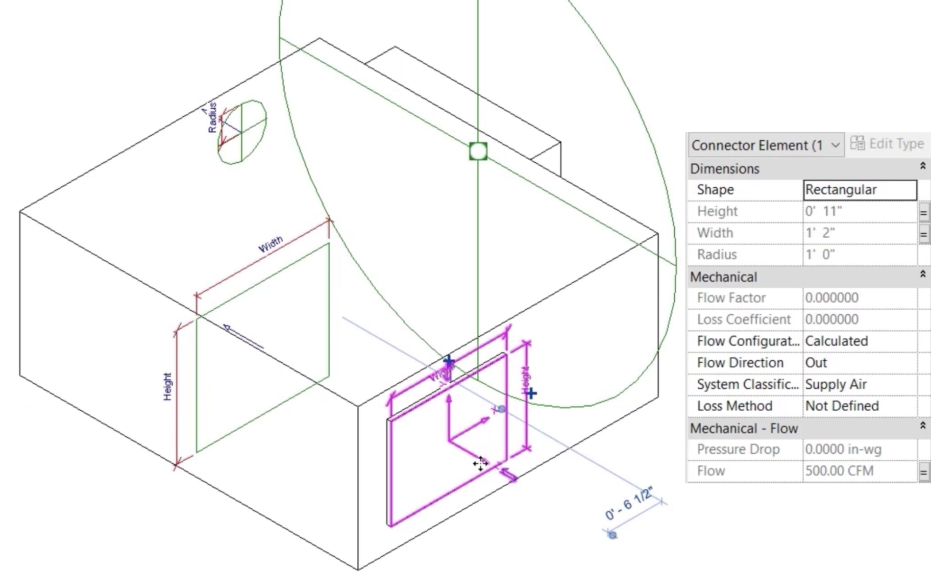 To the left, in the Family Editor, the front connector is selected on the VAV unit, and in the Properties palette on the right, the relevant parameters are listed.