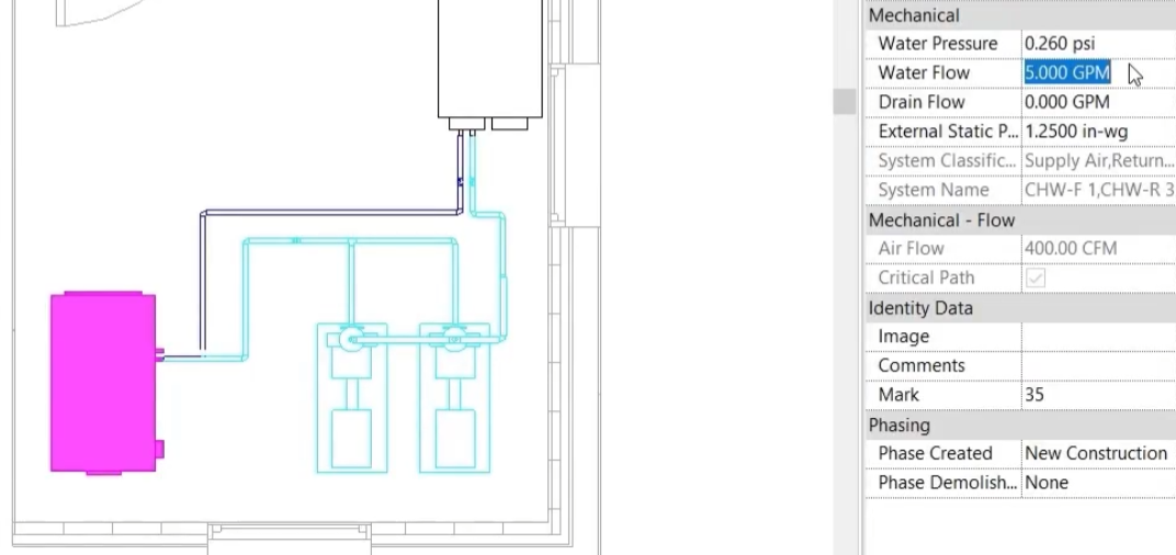 In the floor plan view on the left, the air handling unit is selected, and in the Properties palette on the right, a Water Flow rate of 5 GPM is highlighted.
