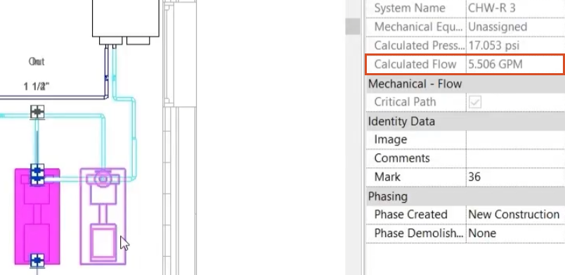 In the floor plan view on the left, one of the pumps is selected, and in the Properties palette on the right, a Calculated Flow of 5.506 GPM is highlighted in red.