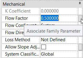 In Properties, the pointer is hovering over the gray square next to the Flow Factor value, and the Associate Family Parameter tooltip is displayed to indicate that it will open if the gray square is clicked.