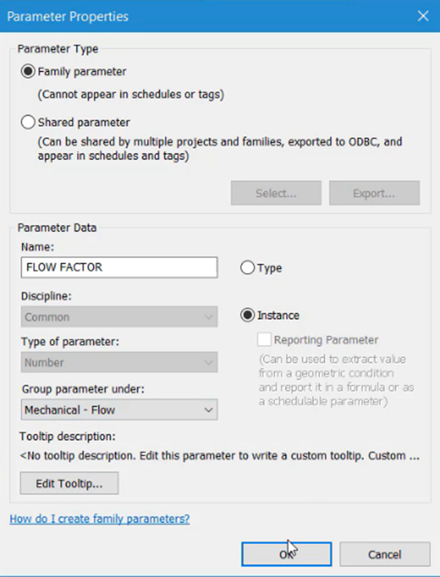 The Parameter Properties dialog box, with the settings for the new Flow Factor parameter configured for this example, and with OK being selected.