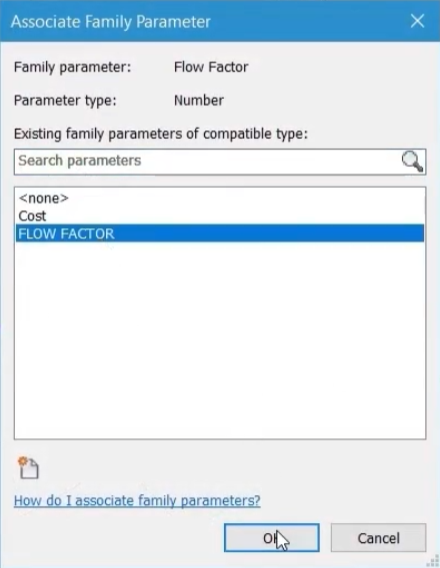 The Associate Family Parameter dialog box, with the Flow Factor parameter created in the previous step selected and highlighted, and with OK being selected.